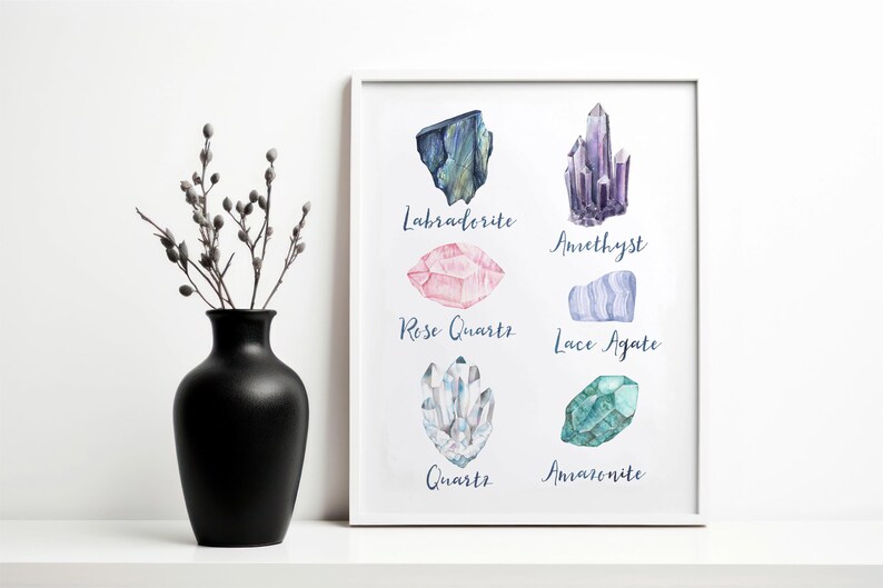 May include: A framed print featuring watercolor illustrations of various crystals, including Labradorite, Amethyst, Rose Quartz, Lace Agate, Quartz, and Amazonite. Each crystal is labeled with its name in elegant script. A black vase with branches is on the left.