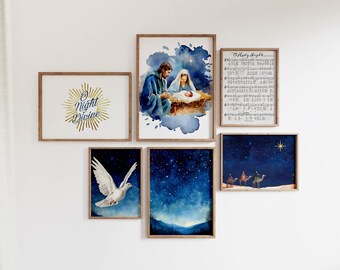 Holy Night Printable wall art, set of six watercolor holiday Christmas prints, Christmas gallery wall,  DIY Holiday art