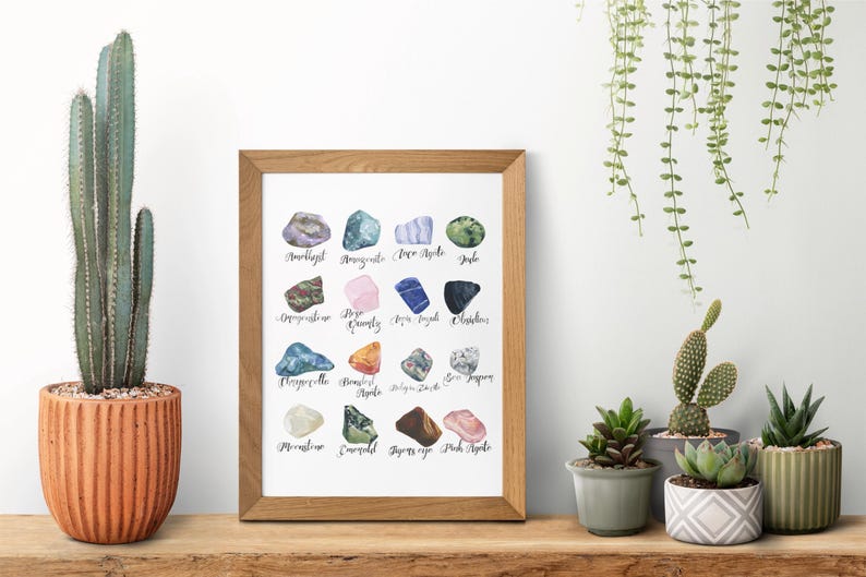 Puede incluir: Una impresi&oacute;n enmarcada con ilustraciones de acuarela de 16 piedras preciosas diferentes. Cada piedra preciosa est&aacute; etiquetada con su nombre, incluyendo amatista, cuarzo rosa, jade y m&aacute;s.
