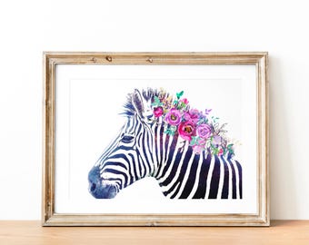 Watercolor Zebra with floral mane, Printable art , home decor
