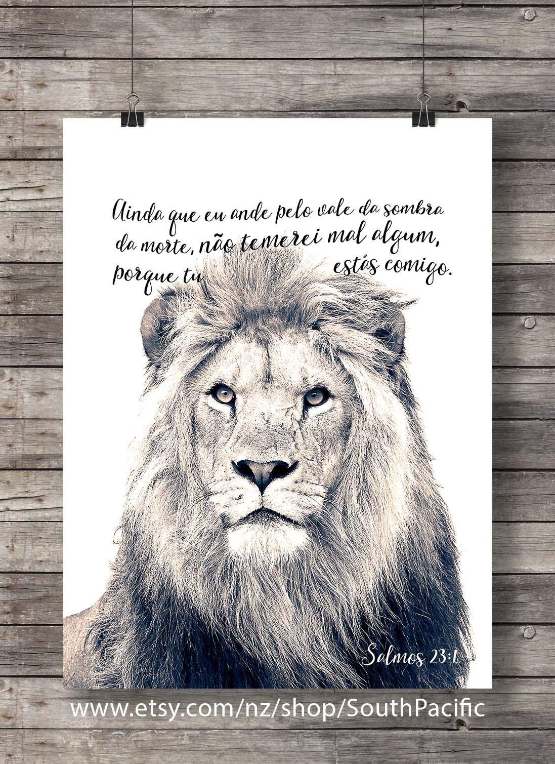 絵画 LIONSAN Bible Verse Lion Art Print Psalm 23v4 Scripture Lion Face