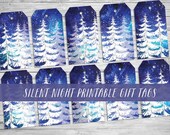 Printable Christmas gift tags | Watercolor 'Silent Night' Holiday tags | gift tags Printable digital | Night forest stars Christmas tags