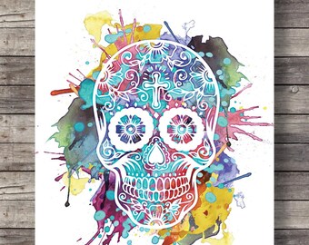 Sugar skull Printable art  Watercolor Sugar Skull - Dia di los Muertos - Printable wall art  - Instant download digital print