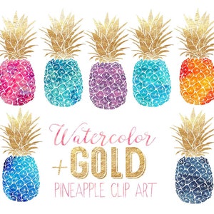 Pineapple clip art  Gold foil + watercolor pineapples  multi color  digital clipart  Pineapples  faux gold foil metallic gold pineapple