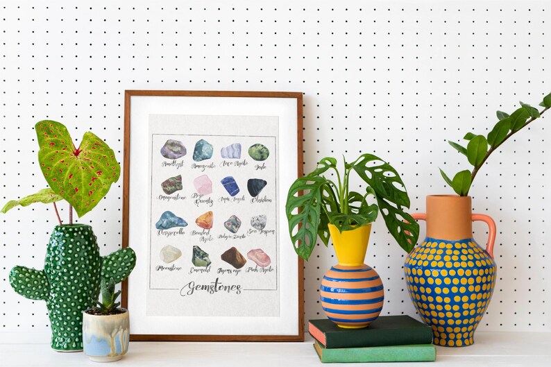 Lámina artística de piedras preciosas en acuarela: Decoración geológica con piedras semipreciosas (descarga digital) imagen 5