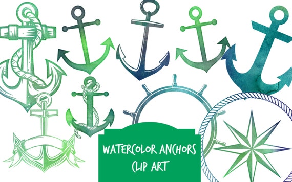 ANCHOR clip art watercolor green blue anchor digital clip art nautical  coastal clip art Instant download clip art anchors PNG anchors