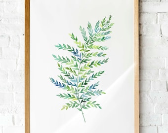 Hand painted fern print. Printable art, painted fern leaf. Watercolor fern. Botanical illustration house plant