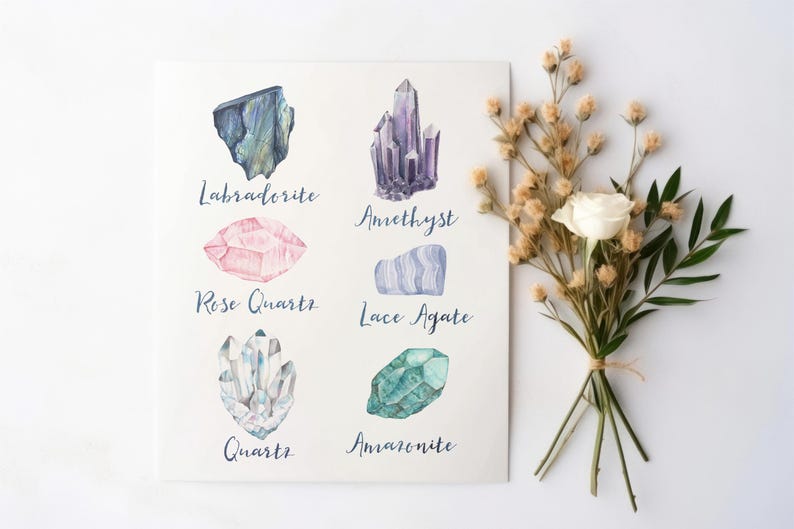 May include: Watercolor illustration of various crystals, including Labradorite, Amethyst, Rose Quartz, Lace Agate, Quartz, and Amazonite. Each crystal is labeled with its name in cursive script. A bouquet of dried flowers and a white rose is to the right.