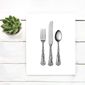 Silverware Vintage Art Print. Printable Art Vintage Kitchen. Antique Knife Fork Spoon. Printable ...