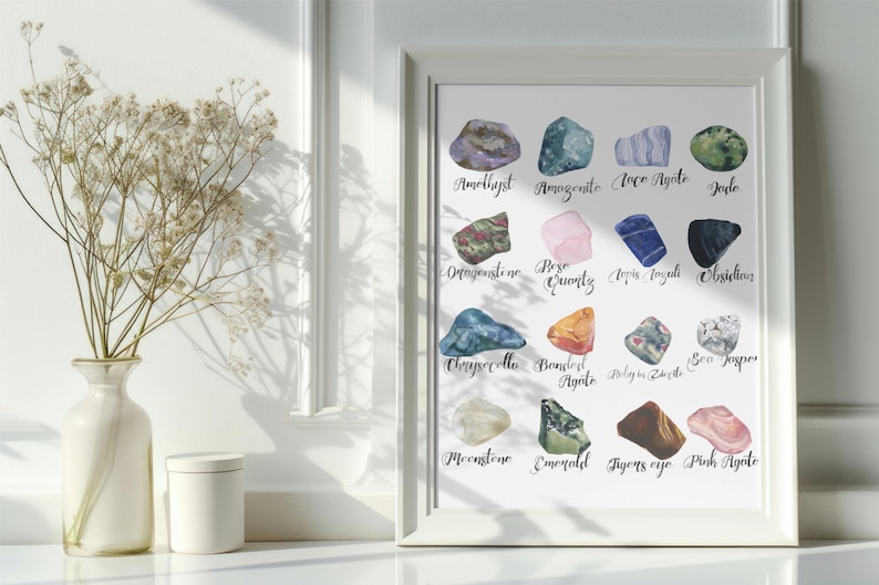 Lámina artística de piedras preciosas en acuarela: Decoración geológica con piedras semipreciosas (descarga digital) imagen 1