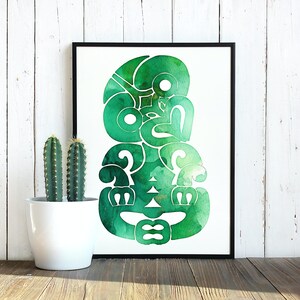 Tiki watercolor art New Zealand Maori art print Green watercolor Tiki Printable wall art image 3