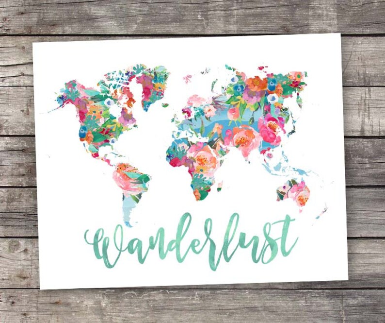 Watercolor World Map Printable Art Wanderlust Decor Floral - Etsy