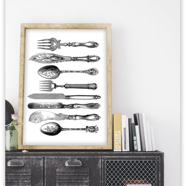 Silverware Vintage art print.  Printable art Vintage Kitchen. Antique knife fork spoon. Printable antique Kitchen Décor