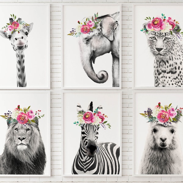 Set of 6 Animals with flower crowns |  Printable art