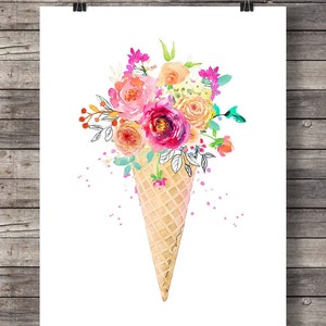 Ice cream cone Printable art Watercolor bouquet flowers painted summer pink orange watercolor Ice cream art spring wall art decor wedding