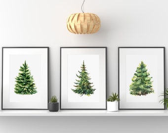 Christmas Printable wall art,  Set of three watercolor Christmas tree prints