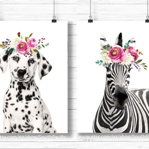 Dalmation and Zebra Set of 2 Printable art Cute Flower crown animals watercolor decor quirky flower sepia photo
