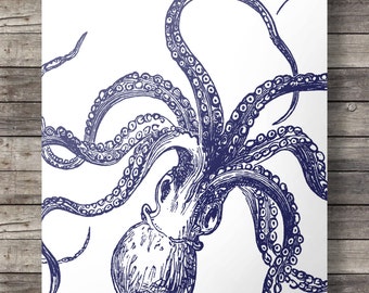 Kraken Octopus Art Print, Navy Blue Coastal Decor (Printable Art)
