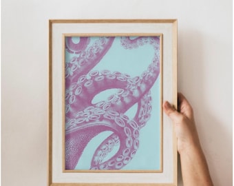 Set van 3 octopustentakels met zeefdruk | Nautische kunst aan de muur | Afdrukbare poster Kraken tentakels