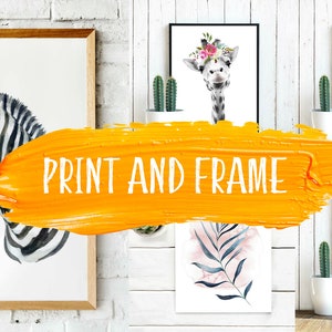 May include: A collection of four framed prints featuring watercolor illustrations of a zebra, giraffe, a tropical leaf, and a floral arrangement with antlers. The prints are displayed on a white brick wall with a yellow paint stroke overlayed on the image that says "PRINT AND FRAME".