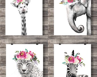 Set of 4 animal Printables | Elephant Leopard Zebra Giraffe | watercolor flower crowns