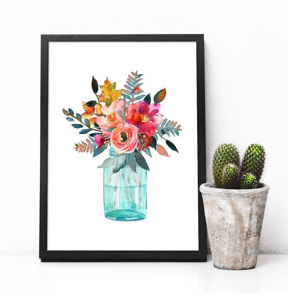 Aquarelle Fleurs Bouquet Imprimer Automne Automne Décor Aquarelle Art Print Mason Jar Floral Imprimable Art Plumes Aquarelle Numérique Muraux