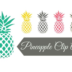 May include: Five pineapple clip art images in different colors: teal, yellow, gray, pink, and beige. The text "Pineapple Clip Art" is below the images.