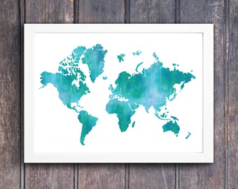 Watercolor World map Printable art, Large blue Geography art print, adventure map