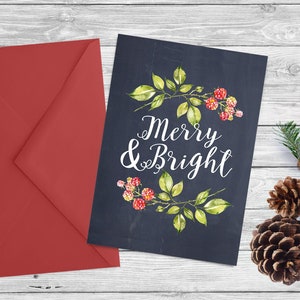 Merry and Bright  Christmas Printable card - Instant download  - 5x7 printable holiday card - Chalkboard