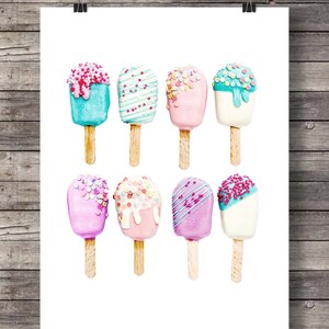 May include: Watercolor print featuring eight colorful popsicle illustrations. Each popsicle has a unique design with sprinkles and drizzles in shades of pink, blue, and white. The popsicles are on wooden sticks, set against a white background.