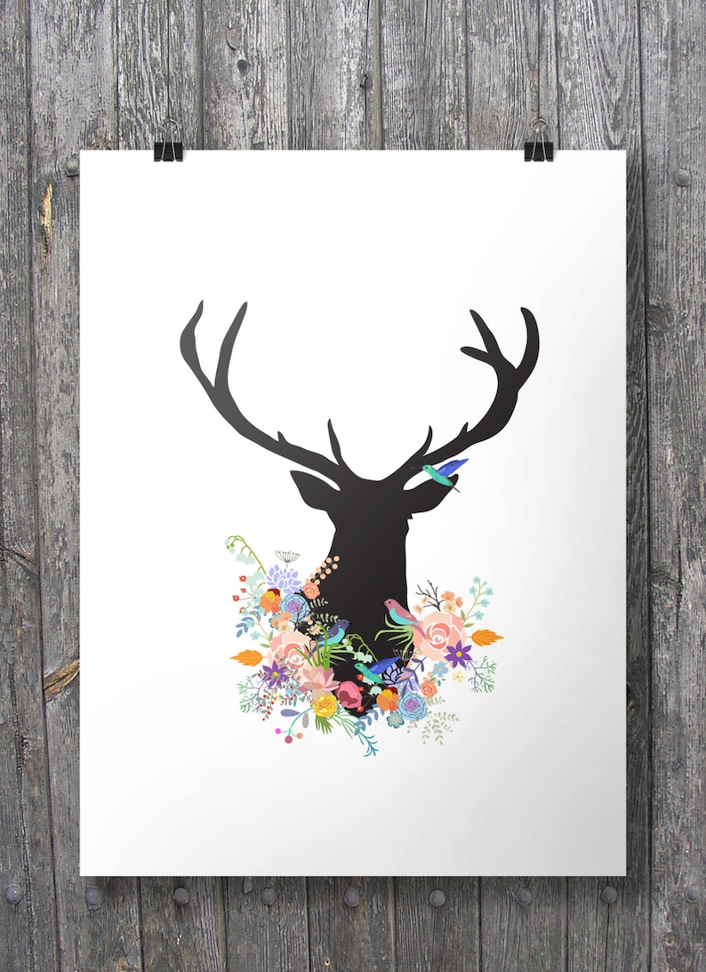 Deer Floral Garland Printable Art Woodland Deer Flowers Print Etsy