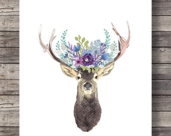 Watercolor deer flower garland  Printable art  peony flower crown floral printable  deer stag antlers woodland decor Instant download