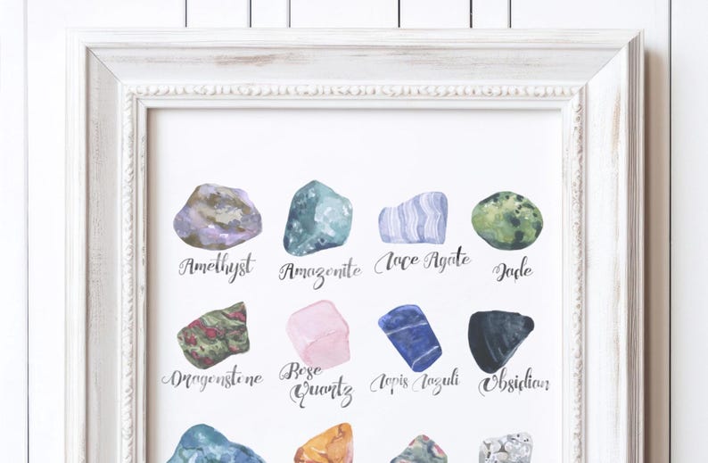 Puede incluir: Una impresi&oacute;n enmarcada con ilustraciones de acuarela de diferentes tipos de piedras preciosas. Los nombres de cada piedra preciosa est&aacute;n escritos debajo de la ilustraci&oacute;n. Las piedras preciosas incluyen amatista, amazonita, &aacute;gata de encaje, jade, aventurina, cuarzo rosa, lapisl&aacute;zuli, obsidiana, ojo de tigre, citrino, peridoto y piedra lunar.