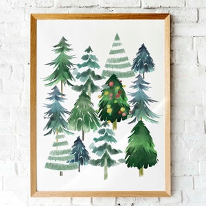 Christmas Printable wall art,  watercolor holiday Christmas trees print - with Bonus 4x6 and 5x7 printable card. DIY Holiday art