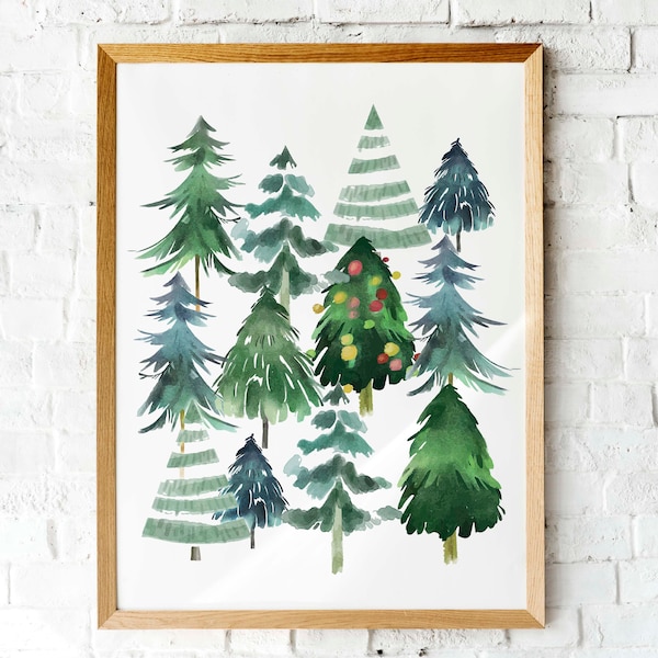 Impresión de árbol de Navidad en acuarela: Arte mural navideño (descarga digital)