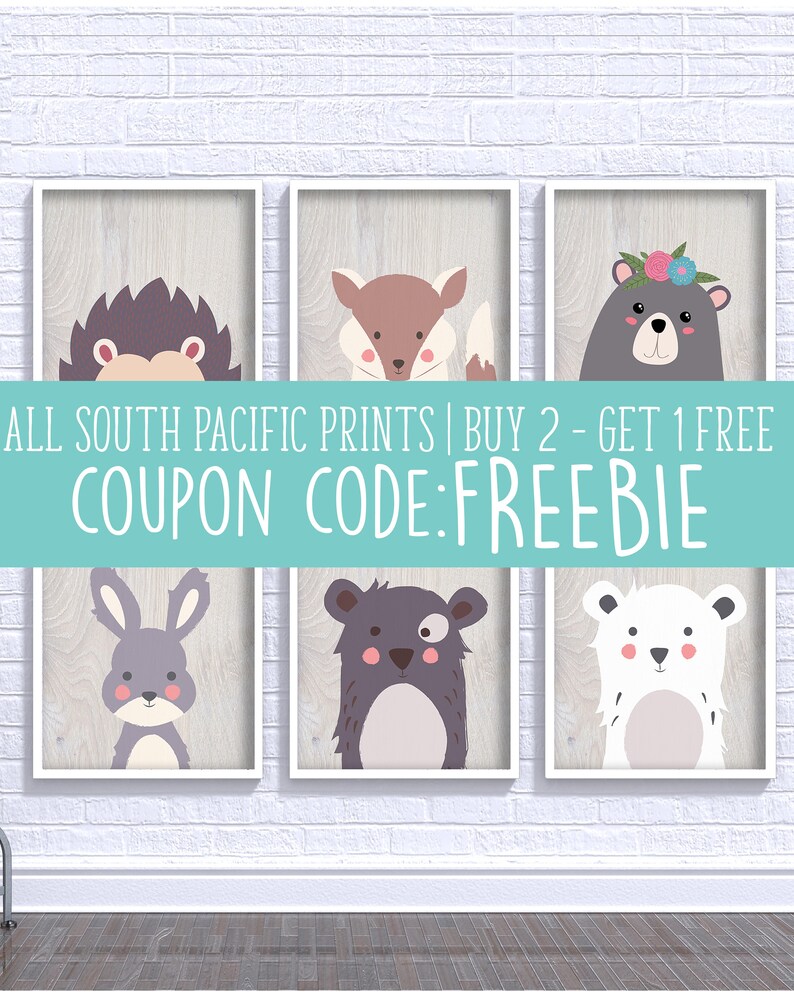 May include: Six framed animal art prints. The prints feature a hedgehog, fox, bear, bunny, bear, and polar bear. The animals are depicted in a cartoon style with soft colors. The background of each print has a wood grain texture. The text "ALL SOUTH PACIFIC PRINTS" and "COUPON CODE: FREEBIE" is visible.