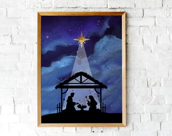 Christmas Printable wall art,  watercolor holiday Nativity print