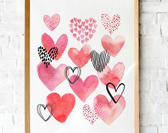 Watercolor hearts Valentine printable art + bonus printable 5x7 card