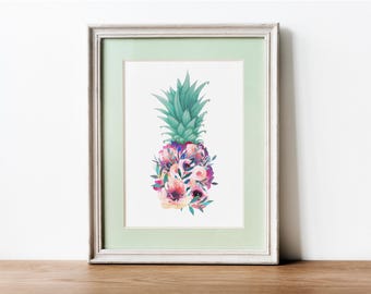 Pineapple Printable art | tropical decor | Pineapple art Print | Luxe wall art | Floral pineapple
