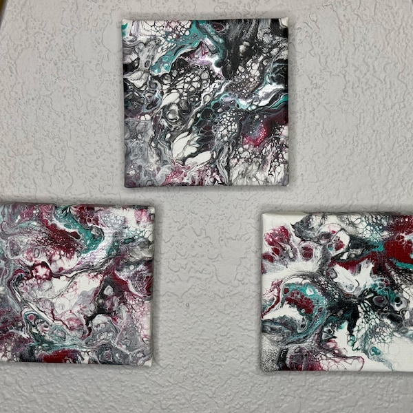 Set of Three 4x4 Poured Acrylic Paintings, "Comic Trio," Comic Book Inspired Art, Red and Turquoise Paintings, Fluid Art, Bold Wall Decor