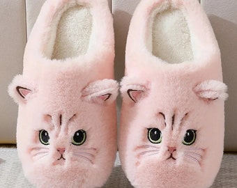 Cute Cat Slippers for winter,  Fluffy Furry Slippers Women, Home Slippers Men, Plush Slippers Indoor ,Fuzzy Slippers Lovely Cotton Shoes.