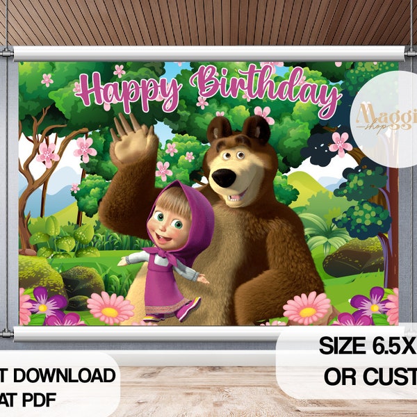 Masha y el oso Telón de fondo de cumpleaños - Personalizable - Celebracion - Telón de fondo de cumpleaños - Imprimible - ARCHIVO DIGITAL