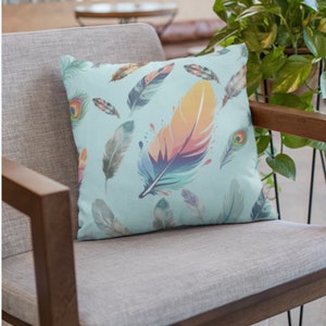 feather, boho, pillow, throw, turquoise, gift, Mother's Day, bedroom, living room, peacock, gypsy, decorative, decorate