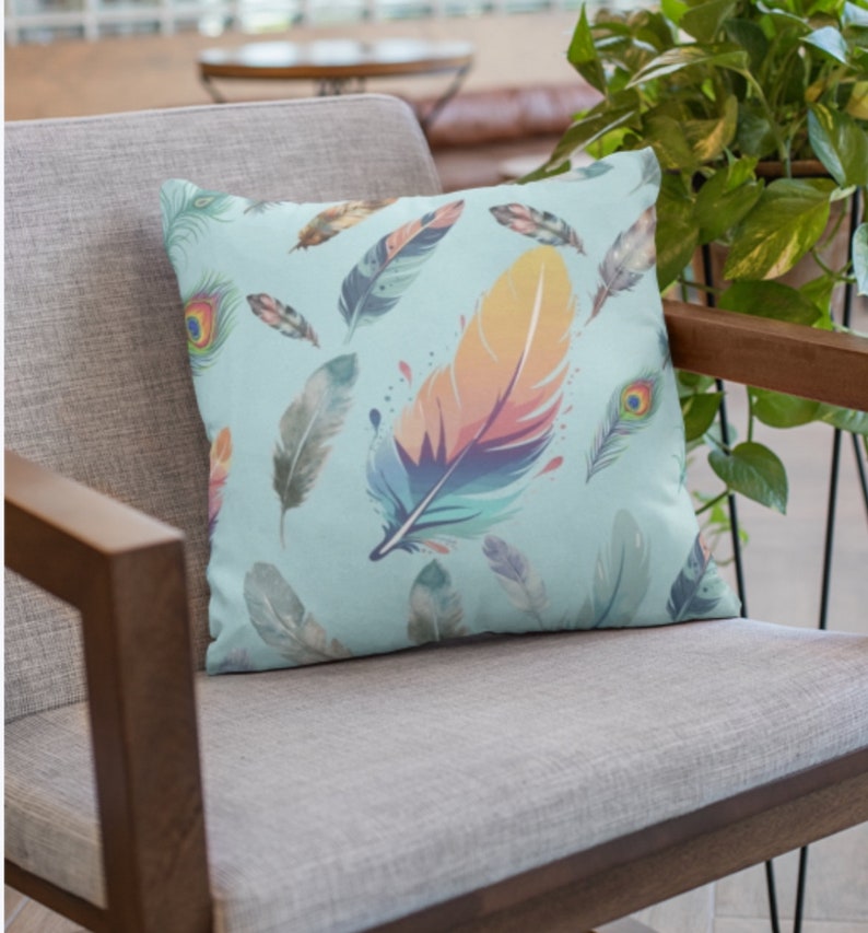 feather, boho, pillow, throw, turquoise, gift, Mother's Day, bedroom, living room, peacock, gypsy, decorative, decorate