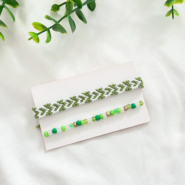 Green Hearts Seed Bead Set Handmade Friendship Bracelet