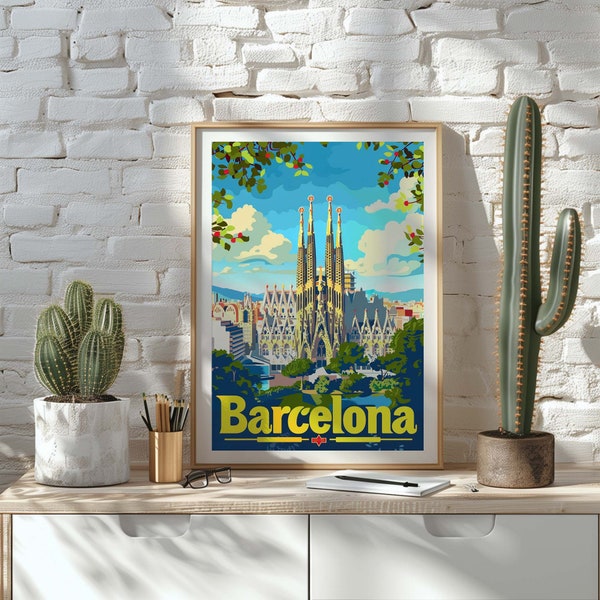 Barcelona Poster - Sagrada Familia Art Print, Vintage Spanish Travel Poster, Catalonia Cityscape, Architectural Wall Decor, Spain Art