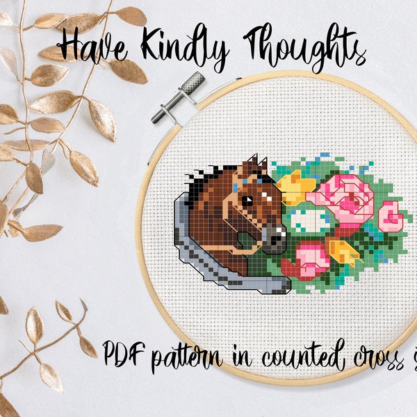 Have kindly thoughts of me! Victorian horse and roses design in cross stitch pattern, instant digital download!