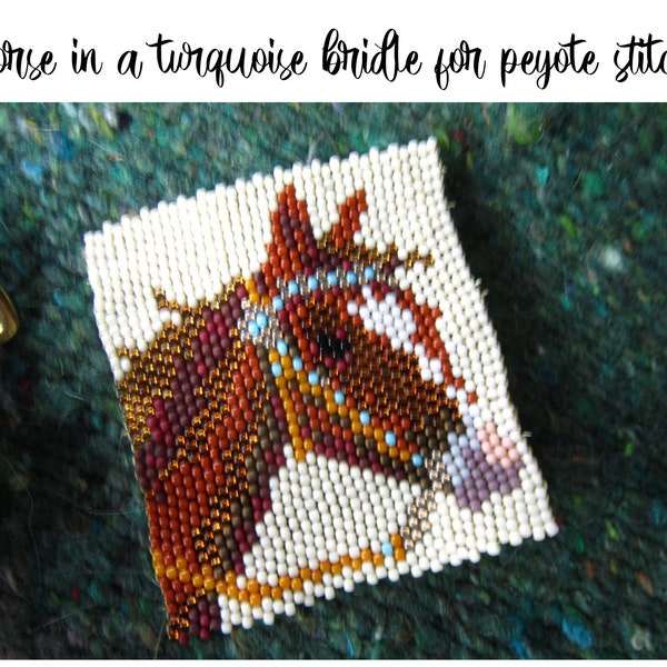 Horse in turquoise bridle, beading pattern for odd count peyote stitch, western horse bead graph, instant download!