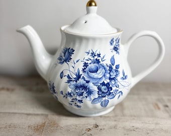 Vintage Wood & Sons Teapot: Blue Staffordshire Ironstone, Gold Accents