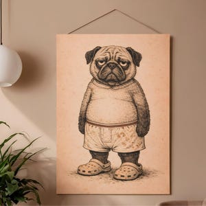May include: A framed print featuring a cartoon pug wearing a hoodie, shorts, and clogs. The pug has a grumpy expression. The artwork is in a sepia tone, giving it a vintage feel. The print is hanging on a wall.